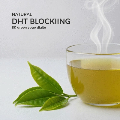 Close-up of green tea leaves and a cup of green tea, symbolizing natural DHT blocking