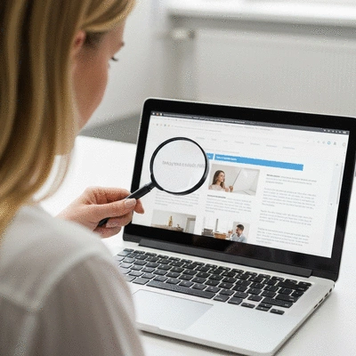 Magnifying glass over a website showing high quality content, symbolizing SEO audit