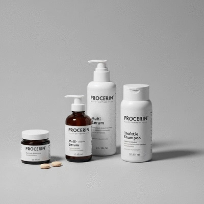 Procerin multi-component system with tablets, serum, and shampoo bottles