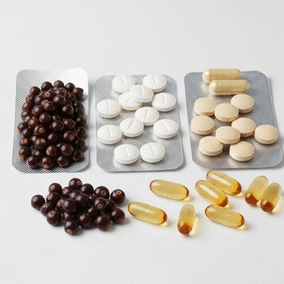 Close-up of Procerin ingredients, like saw palmetto and zinc, on a clean, white background