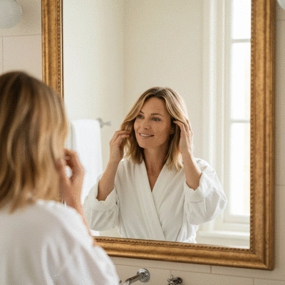 Close-up of a man examining his hair in a mirror, showing early signs of regrowth