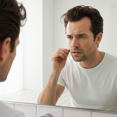 Man looking concerned at his receding hairline in a mirror