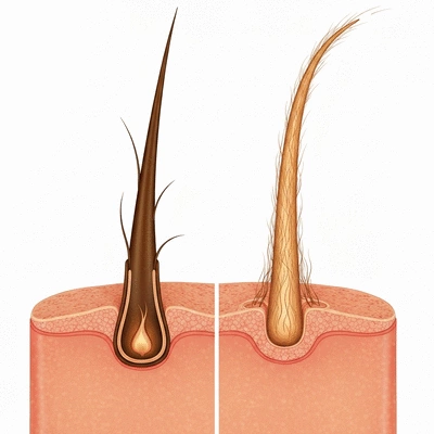 Microscopic view of a healthy hair follicle next to a miniaturized hair follicle affected by DHT, clear contrast, scientific illustration
