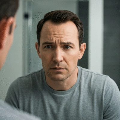 Man looking concerned at his receding hairline in a mirror