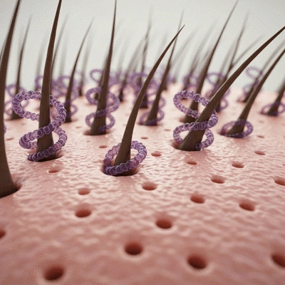 Microscopic view of hair follicles and DHT molecules interacting, clean image