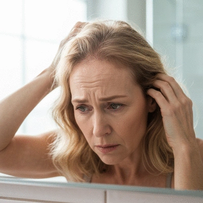 Person examining their hair in a mirror, showing concern about hair loss, with a subtle glow around the hair area, no text, no words, no typography, no labels, clean image
