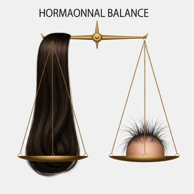 Conceptual image of hormonal balance represented by a balanced scale, with one side illustrating healthy hair and the other side showing hair loss from imbalance