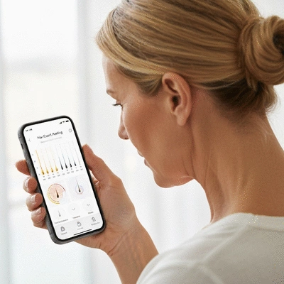 Person using a hair count tracking app on a smartphone