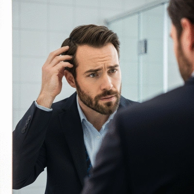 Man looking thoughtfully at a mirror, concerned about hair thinning, with a subtle glow around his hair, no text, no words, no typography, no labels, clean image