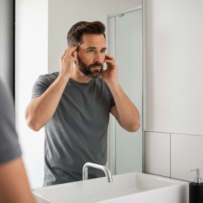 Man examining his hairline in a mirror, thoughtful expression