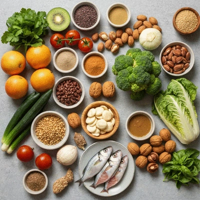 Assortment of fresh fruits, vegetables, nuts, and fish, representing a healthy diet for hair growth, clean image, no text, no words, no typography