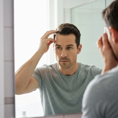 Man applying topical minoxidil to his scalp in a bathroom mirror