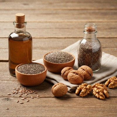 Various plant-based omega-3 sources like flaxseed oil, chia seeds, and walnuts arranged on a rustic wooden table.