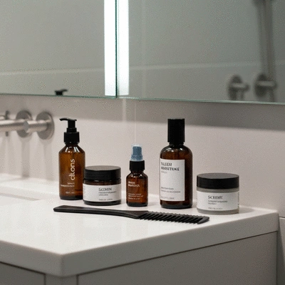 Variety of hair care products for men on a clean bathroom counter