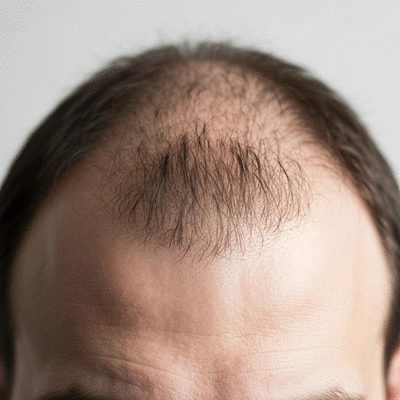 Close-up of a man's scalp showing early signs of gradual hair thinning at the crown
