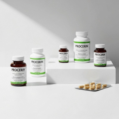 Procerin bottles and pills on a clean surface
