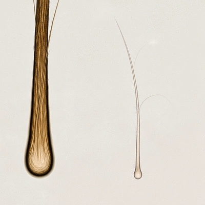 Microscopic close-up of a healthy hair follicle next to a miniaturized hair follicle, illustrating the effects of hair loss and successful treatment, clean image, no text