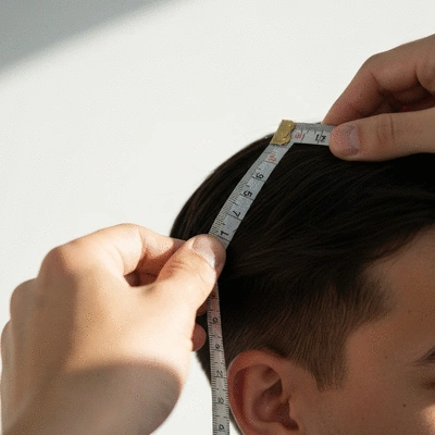 Close-up of a person using a measuring tape to track hair length, clean background, no text, no words, no typography, clean image