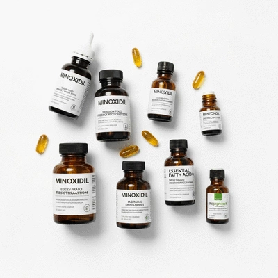 Various hair restoration products and natural oils on a clean background