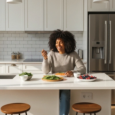 Person enjoying a healthy meal with ingredients known for hair health, such as salmon, spinach, and berries, in a brightly lit kitchen setting