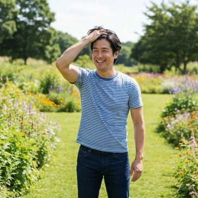 Man confidently running his hand through healthy, thick hair, smiling, in a bright, natural setting