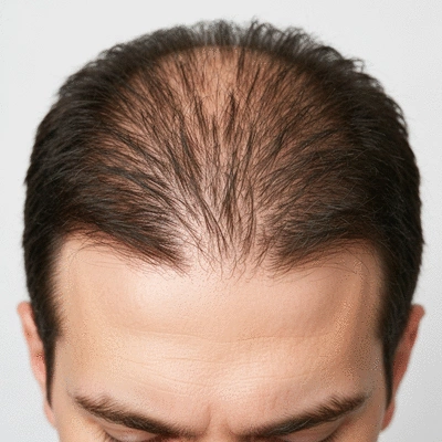 Close-up of scalp showing thinning hair and healthy hair follicles