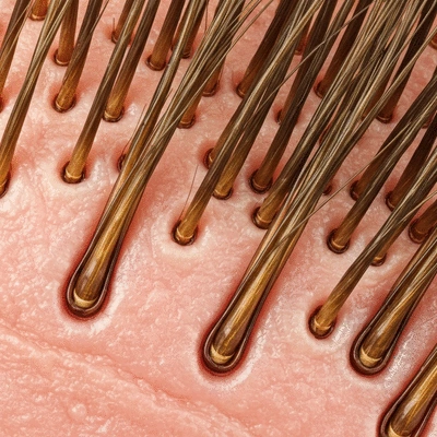 Close-up of hair follicles on a scalp, showing healthy and growing hair strands