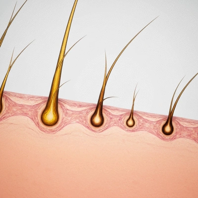 Microscopic view of healthy and miniaturized hair follicles, illustrating the impact of DHT on hair growth cycle, no text, no words, no typography, clean image