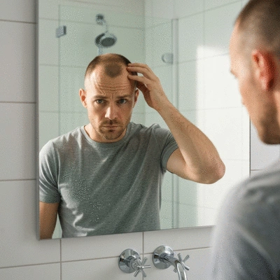 Man inspecting his thinning hair in a mirror, looking concerned