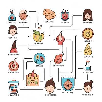 Stylized graphic illustrating the various factors contributing to hair loss such as genetics, stress, and nutrition, with interconnected icons, no text, no words, no typography, no labels, clean image