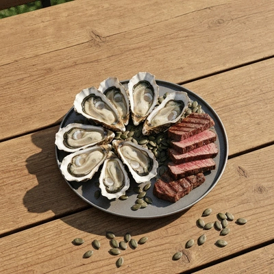 Assortment of zinc-rich foods like oysters, beef, and pumpkin seeds on a rustic wooden table, natural lighting, no text, no words, no typography, 8K