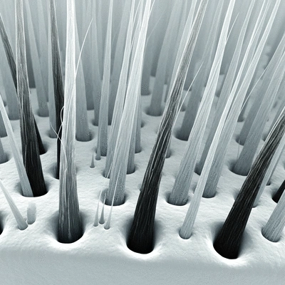 Microscopic view of hair follicles affected by DHT sensitivity, with thinning hair strands