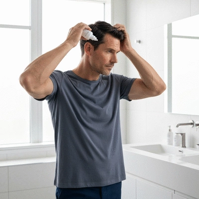 Man applying hair care product as part of a DHT blocker routine