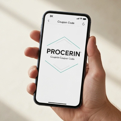 Hand holding a smartphone displaying a Procerin coupon code on screen