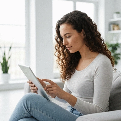 Person using a tablet to research hair loss solutions
