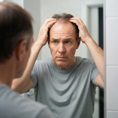 Person examining their hair in a mirror, concerned about hair loss, soft natural lighting, no text, no words, no typography, clean image