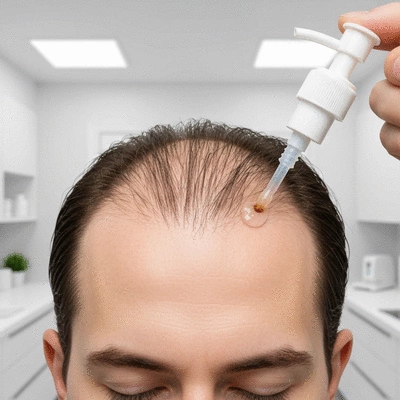 Topical Minoxidil solution being applied to a scalp with thinning hair, healthy hair follicles, clinical setting, no text, no words, no typography, no labels, clean image