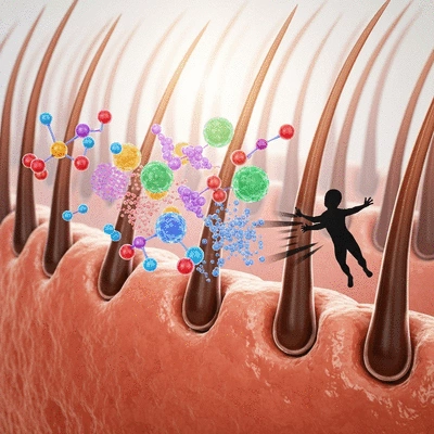 Close-up of hair follicles being nourished by vitamins, with a symbolic representation of DHT being blocked