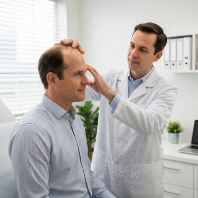 Man consulting with a male doctor about hair loss treatment, professional setting, clean image
