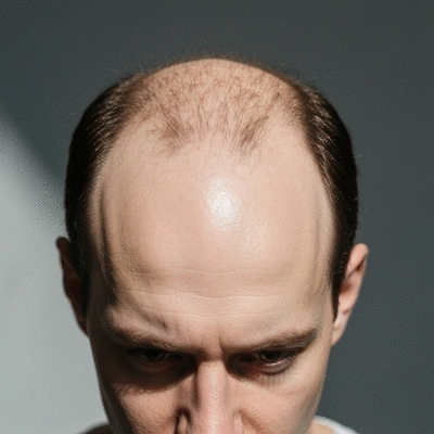 Close-up of a person's head showing thinning hair at the crown, clearly indicating vertex baldness