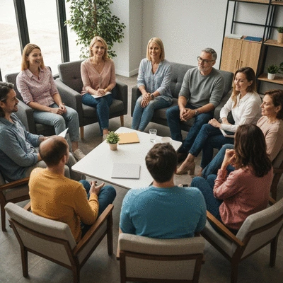 Diverse group of people in a support group setting, discussing hair loss and restoration