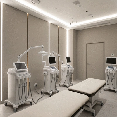 Modern clinic interior with advanced hair treatment equipment, clean image