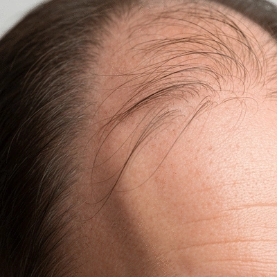 Close-up of a man's scalp showing diffuse hair thinning with visible scalp between strands