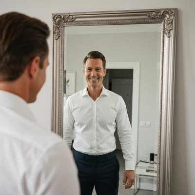 Man looking confidently at his reflection in a mirror, showing healthy, restored hair, clean image, no text, no words, no typography