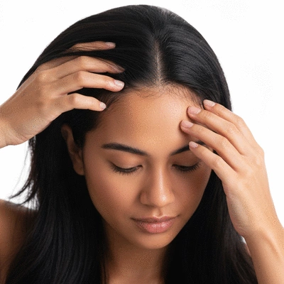 Woman applying hair treatment product to her scalp, close-up, illustrating hair loss prevention