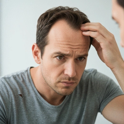 Close-up of a man looking concerned about his receding hairline in a mirror