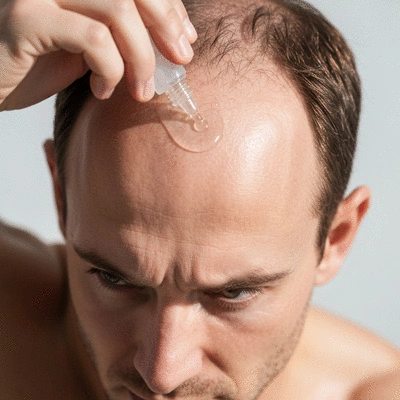 Close-up of a man applying hair growth serum to his scalp, focusing on a specific area, with a clean and bright background