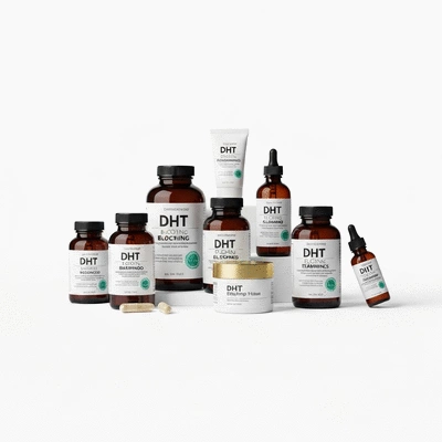 Assortment of DHT blocking treatments on a clean white background