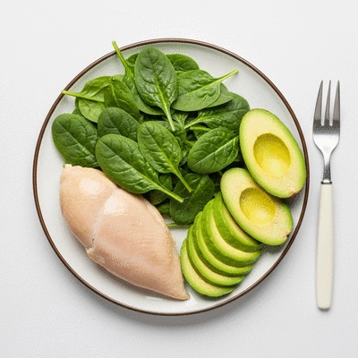 A balanced plate of food featuring protein, leafy greens, and healthy fats, illustrating a hair-healthy meal
