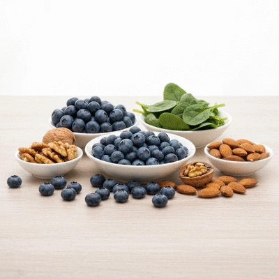 Assortment of antioxidant-rich foods like blueberries, spinach, and nuts